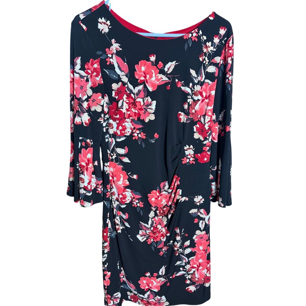 Frank Lyman Floral Dress Black Red Bell Sleeve Ruched Sheath Cocktail Size 8